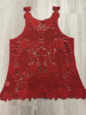 104–Women's Orange Crochet Lace Tank Top - Sleeveless Boho Overlay